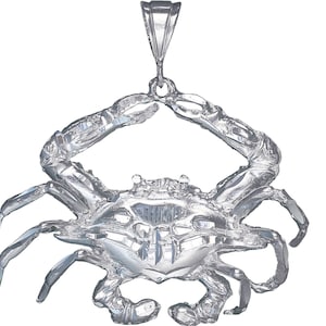 Huge Heavy Sterling Silver Crab Charm Pendant Necklace 2.6 Inches 26 Grams with Diamond Cut Finish and 24 Inch Figaro Chain