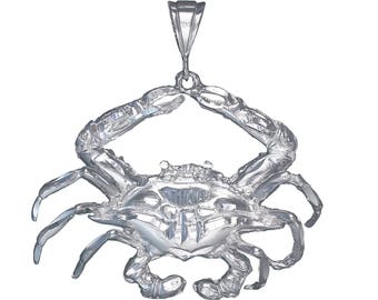 Huge Heavy Sterling Silver Crab Charm Pendant Necklace 2.6 Inches 26 Grams with Diamond Cut Finish and 24 Inch Figaro Chain