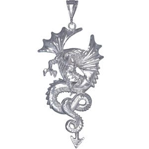 Huge Heavy Sterling Silver Dragon Charm Pendant Necklace 4 Inches 22 Grams with Diamond Cut Finish and 24 Inch Figaro Chain