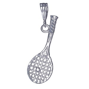 Sterling Silver Tennis Racket Charm Pendant Necklace 1.6 Inches 3 Grams with Diamond Cut Finish and 18 Inch Rolo Chain