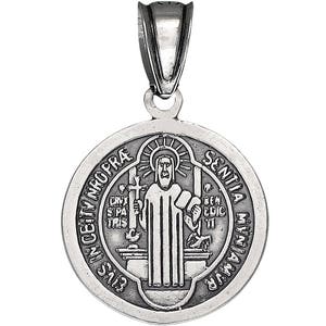 Sterling Silver Saint Benedict Medal Reversible Charm Pendant Necklace 0.9 Inch 1.6 Grams with Antique Oxidized Finish and Chain