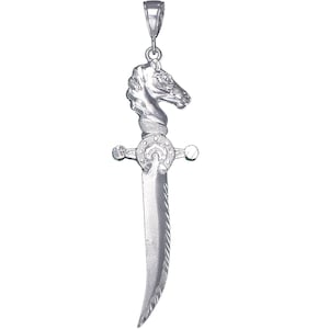 Sterling Silver Sword with Horse Head Hilt Charm Pendant Necklace 3.4 Inches 6.2 Grams with Diamond Cut Finish and 24 Inch Figaro Chain