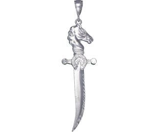 Sterling Silver Sword with Horse Head Hilt Charm Pendant Necklace 3.4 Inches 6.2 Grams with Diamond Cut Finish and 24 Inch Figaro Chain