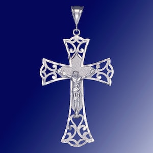 Large Sterling Silver Cross with Jesus Pendant Necklace with Diamond Cut Finish