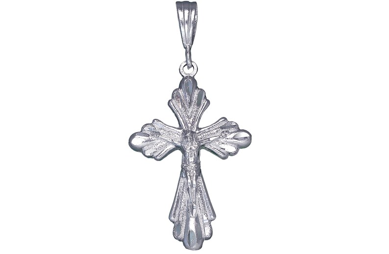 Sterling Silver Cross with Jesus Pendant Necklace 1.85 Inches 4 Grams with Diamond Cut Finish and 24 Inch Figaro Chain image 1