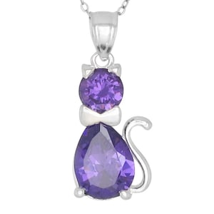 Sterling Silver .925 Cute Cat, Kitten with Birthstone February / Amethyst, Cubic Zirconia Stone. Charm Pendant Necklace | Made in USA