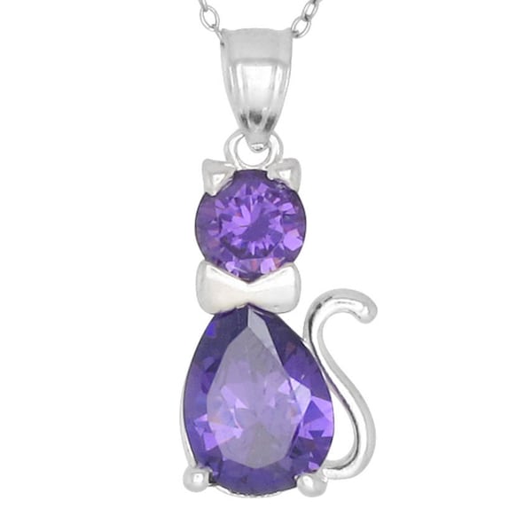 Sterling Silver .925 Cute Cat, Kitten with Birthstone February / Amethyst, Cubic Zirconia Stone. Charm Pendant Necklace | Made in USA