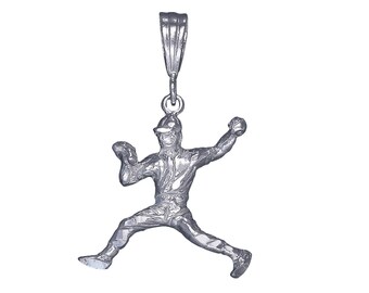 Sterling Silver Baseball Player Charm Pendant Necklace 1.4 Inches 2.9 Grams with Diamond Cut Finish and 24 Inch Figaro Chain