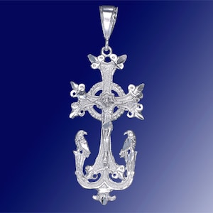 Sterling Silver Armenian Cross with Jesus Pendant Necklace 2.4 Inches 6.8 Grams with Diamond Cut Finish and 24 Inch Figaro Chain