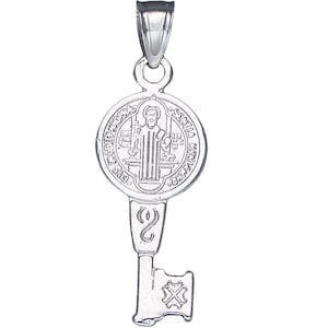 Sterling Silver Saint Benedict Key Medal Reversible Charm Pendant Necklace 1.25 Inches 1.2 Grams with High Polish Finish and Chain