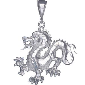 Sterling Silver Dragon Charm Pendant Necklace 2 Inches 6.4 Grams with Diamond Cut Finish and 24 Inch Figaro Chain