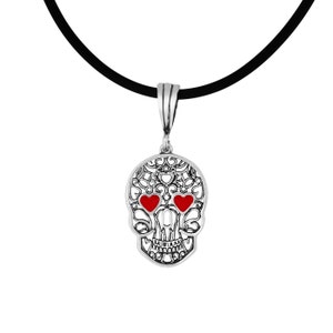 Sterling Silver .925 Skull with Heart Shaped Red Eyes Charm Pendant Necklace | Made In USA