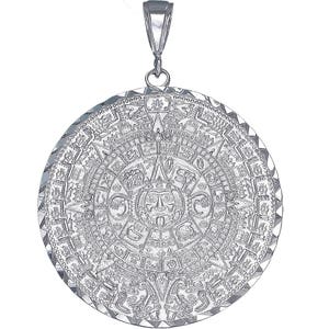 Large Heavy Sterling Silver Aztec Calendar Mayan Sun Charm Pendant Necklace 2.3 Inches 16 Grams with Diamond Cut Finish and 24 Inch Chain