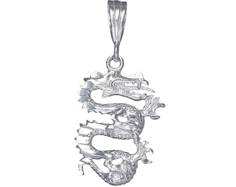 Sterling Silver Dragon Charm Pendant Necklace 1.4 Inches 2.1 Grams with Diamond Cut Finish and 24 Inch Figaro Chain