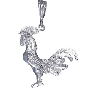 Sterling Silver Rooster Charm Pendant Necklace 1.5 Inches 3.5 Grams with Diamond Cut Finish and 24 Inch Figaro Chain