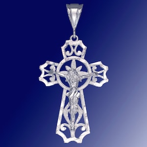 Large Sterling Silver Cross with Jesus Pendant Necklace with Diamond Cut Finish