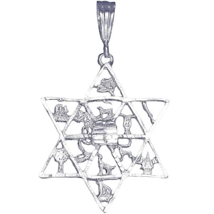 Sterling Silver Star of David with 12 Tribes of Israel Charm Pendant Necklace 1.7 Inches 3 Grams with Diamond Cut Finish and 18 Inch Chain