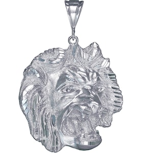 Large Heavy Sterling Silver Lion Head Charm Pendant Necklace 2.6 Inches 21 Grams with Diamond Cut Finish and 24 Inch Figaro Chain