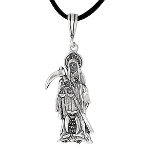 Sterling Silver .925 Santa Muerte With Owl on the Bottom &quot;Our Lady of the Holy Death&quot; Charm Pendant, Oxidized | Made in USA