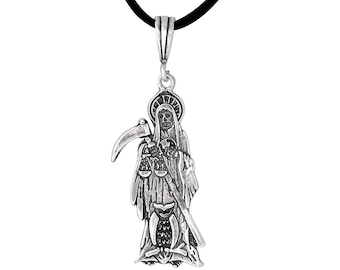Sterling Silver .925 Santa Muerte With Owl on the Bottom &quot;Our Lady of the Holy Death&quot; Charm Pendant, Oxidized | Made in USA