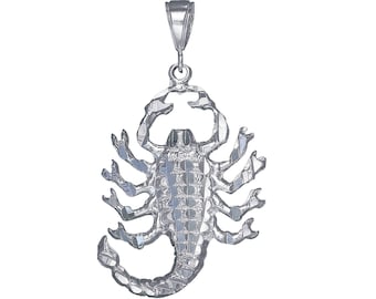 Sterling Silver Scorpion Charm Pendant Necklace 2.35 Inches 9.5 Grams with Diamond Cut Finish and 24 Inch Figaro Chain
