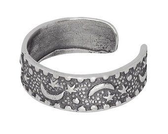 Sterling Silver .925 Moon and Stars Toe Ring adjustable size | Made In USA