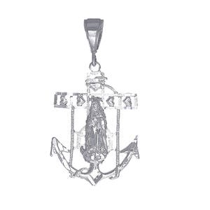 Sterling Silver Anchor Cross with Virgin Mary and Hearts Pendant Necklace 2 Inches 5 Grams with Diamond Cut Finish and 24 Inch Chain