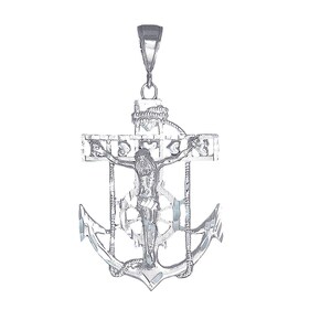 Sterling Silver Anchor Cross with Jesus and Hearts Pendant Necklace 2.4 Inches 9 Grams with Diamond Cut Finish and 24 Inch Chain