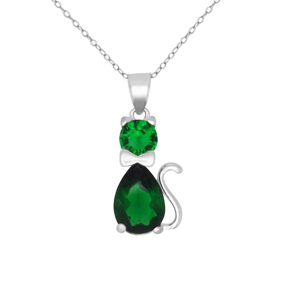 Sterling Silver .925 Cute Cat, Kitten with Birthstone May / Emerald, Cubic Zirconia Stone. Charm Pendant Necklace | Made in USA