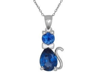 Sterling Silver .925 Cute Cat, Kitten with Birthstone December / Blue Topaz, Cubic Zirconia Stone. Charm Pendant Necklace | Made in USA