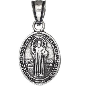 Sterling Silver Saint Benedict Medal Reversible Charm Pendant Necklace with Antique Oxidized Finish and Chain