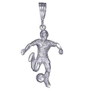 Sterling Silver Soccer Player Charm Pendant Necklace 1.8 Inches 5.5 Grams with Diamond Cut Finish and 24 Inch Figaro Chain