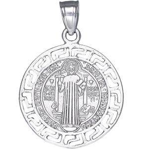 Sterling Silver Saint Benedict Medal Reversible Charm Pendant Necklace 1.1 Inches 1.6 Grams with High Polish Finish and Chain