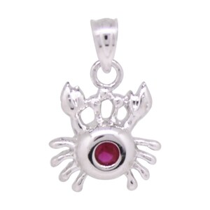 May include: Silver crab pendant with a red gemstone in the center.