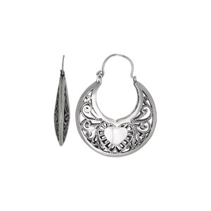 Sterling Silver .925 Heart, Filigree Design Basket Earring, Oxidized | Made in USA