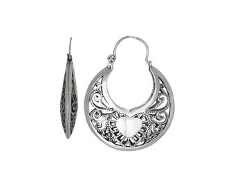 Sterling Silver .925 Heart, Filigree Design Basket Earring, Oxidized | Made in USA