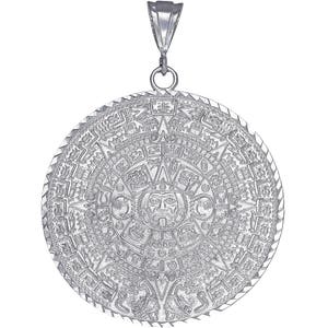 Huge Heavy Sterling Silver Aztec Mayan Sun Calendar Charm Pendant Necklace 2.8 Inches 22 Grams with Diamond Cut Finish and 24 Inch Chain