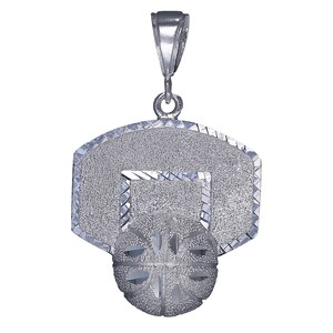 Sterling Silver Basketball Backboard Charm Pendant Necklace 1.8 Inches 5.5 Grams with Diamond Cut Finish and 24 Inch Figaro Chain
