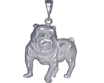 Large Sterling Silver Bulldog Charm Pendant Necklace 2.2 Inches 10 Grams with Diamond Cut Finish and 24 Inch Figaro Chain