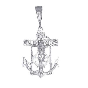 Sterling Silber Anker Kreuz mit Jesus und Herzen Halskette 1,5 Zoll, 2,5 Gramm mit Schnitt Diamant-Finish und 24-Zoll-Kette