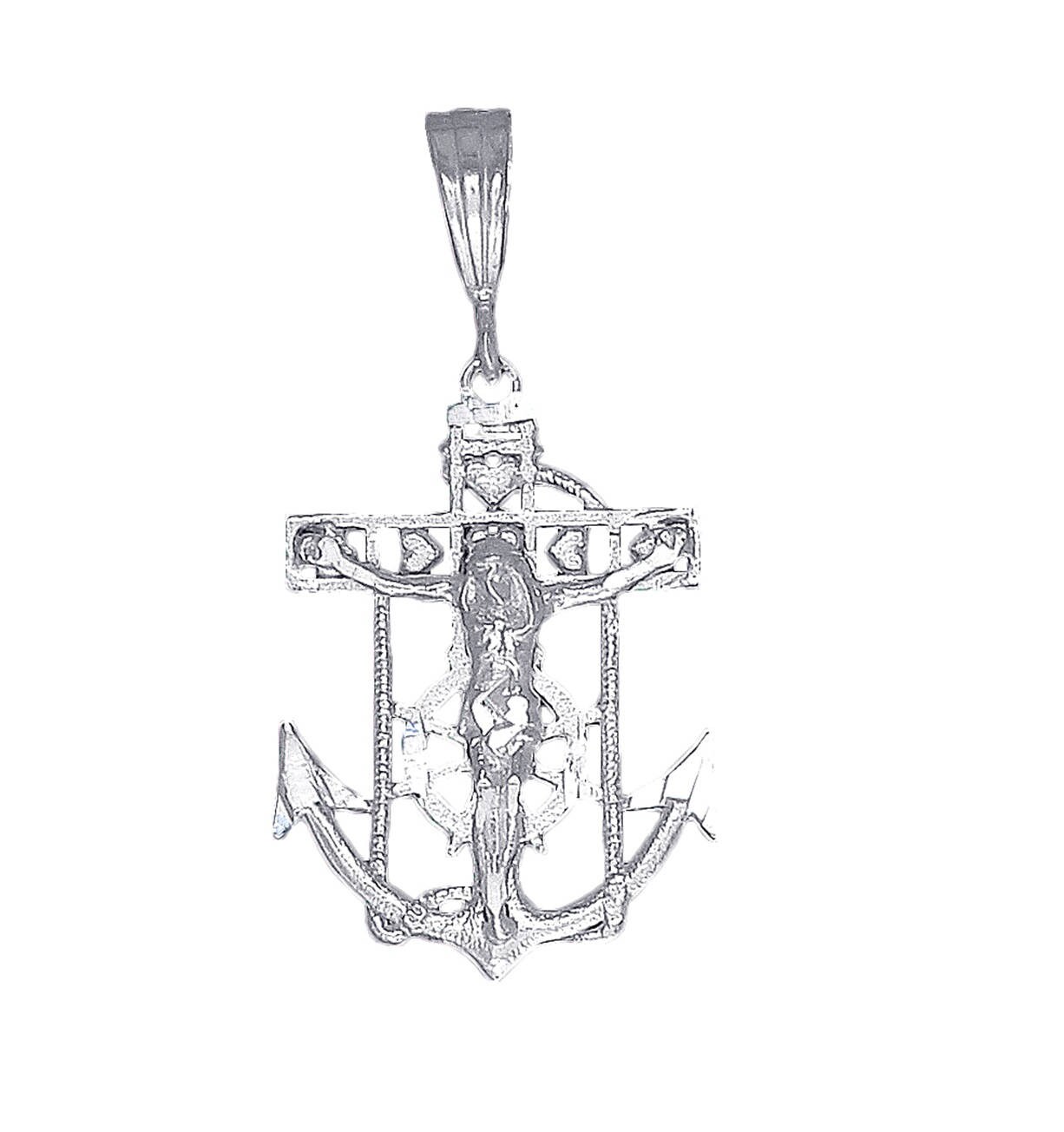 Sterling Silver Anchor Cross with Jesus and Hearts Charm Pendant Necklace 1.5" Sterling Silver Anchor Cross with Jesus and Hearts Charm Pendant Necklace 1.5"