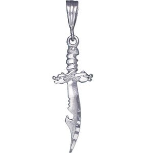 Sterling Silver Dragon Sword Charm Pendant Necklace 1.9 Inches 1.7 Grams with Diamond Cut Finish and 24 Inch Figaro Chain