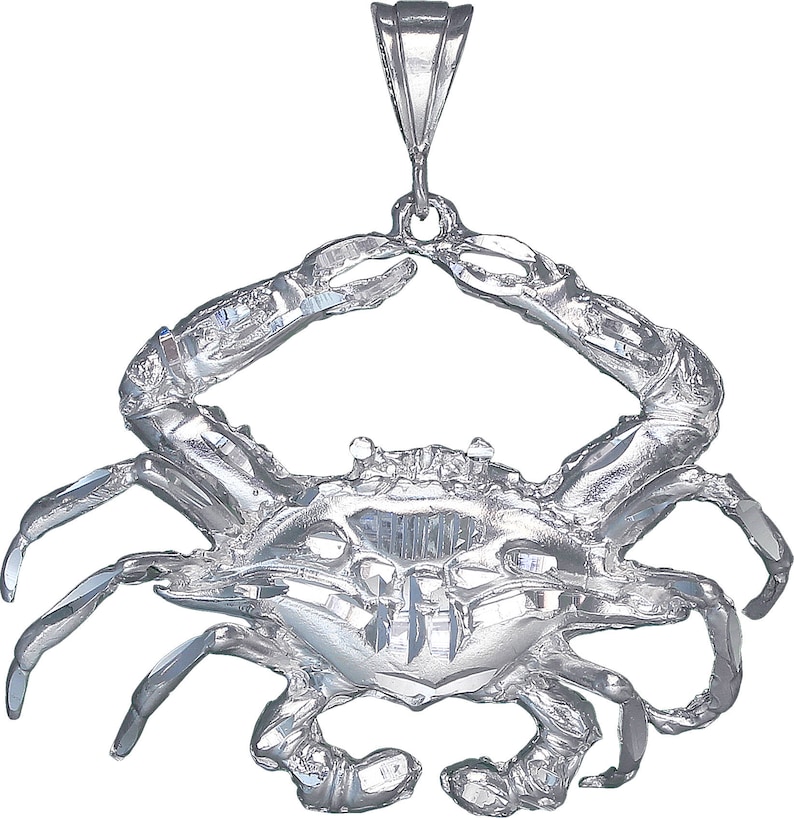 Huge Heavy Sterling Silver Crab Charm Pendant Necklace 2.6 Inches 26 Grams with Diamond Cut Finish and 24 Inch Figaro Chain