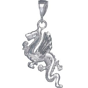 Sterling Silver Dragon Charm Pendant Necklace 2.2 Inches 6.6 Grams with Diamond Cut Finish and 24 Inch Figaro Chain