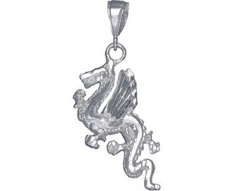 Sterling Silver Dragon Charm Pendant Necklace 2.2 Inches 6.6 Grams with Diamond Cut Finish and 24 Inch Figaro Chain