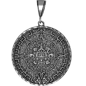 Sterling Silver Aztec Calendar Charm Pendant Necklace 2.1 Inches 12 Grams with Antique Oxidized Finish and 24 Inch Figaro Chain