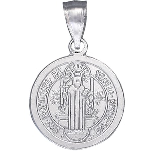 Sterling Silver Saint Benedict Medal Reversible Charm Pendant Necklace 0.9 Inches 1.6 Grams with High Polish Finish and Chain