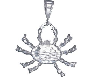 Sterling Silver Crab Charm Pendant Necklace 1.7 Inches 5.5 Grams with Diamond Cut Finish and 24 Inch Figaro Chain