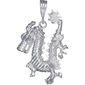 Sterling Silver Dragon Charm Pendant Necklace 1.7 Inches 6.5 Grams with Diamond Cut Finish and 24 Inch Figaro Chain