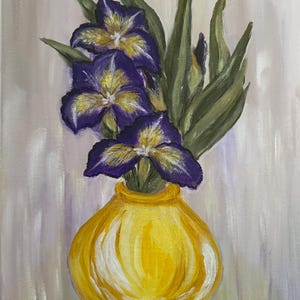 Original Acrylic Hand Painting on Canvas Purple Iris Floral Wall Art Elegant Purple Flower Decor Acrylic Botanical Home Decor 12&quot;x16&quot; Canvas
